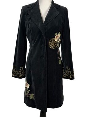 CAbi SZ6 Black Velvet Floral Embroidered Long Coat Blazer Jacket BOHO Western